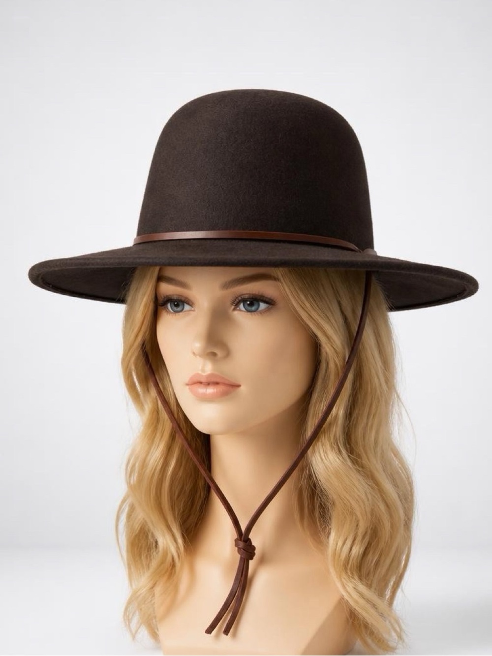 Brixton Wide Brim Felt Hat, leather band/Chin Strap, brown, L, 60cm, EUC